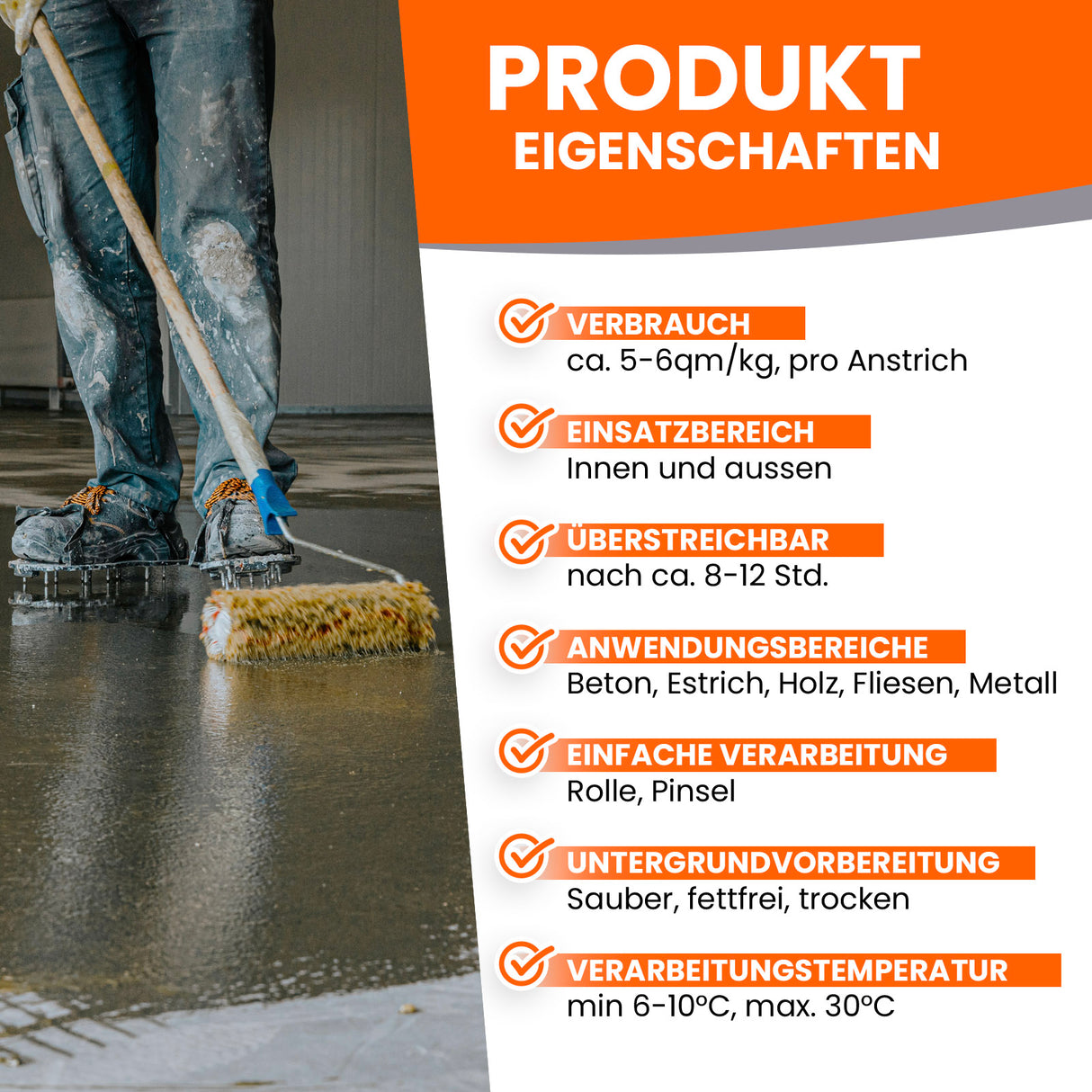 Person streicht Boden mit Rolle.