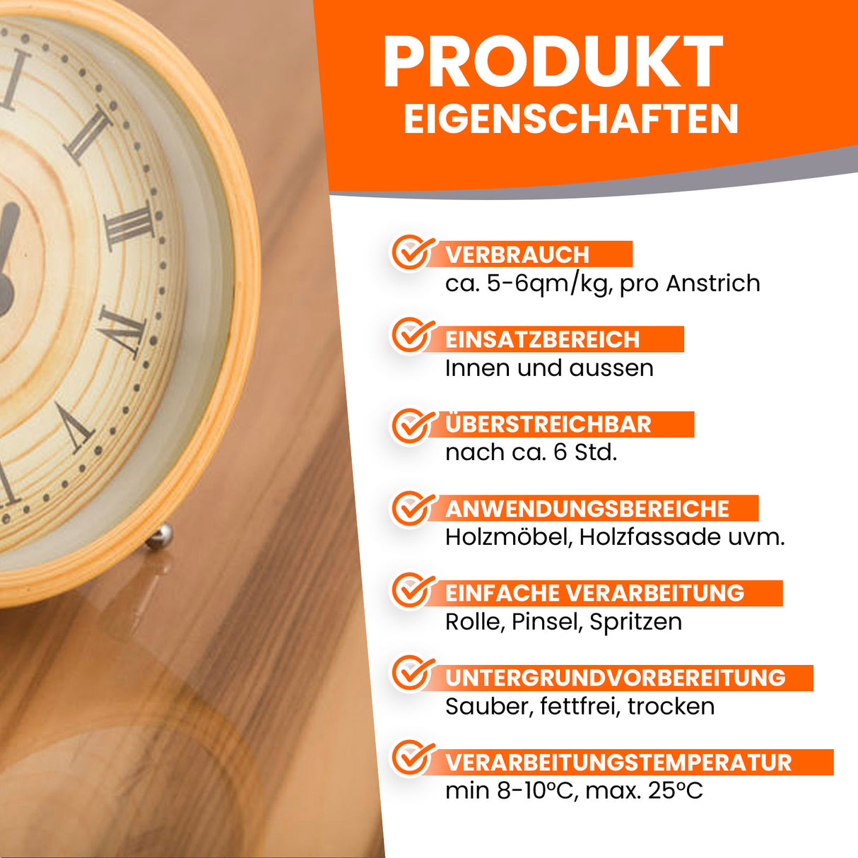 Uhr und Produkteigenschaften-Text.