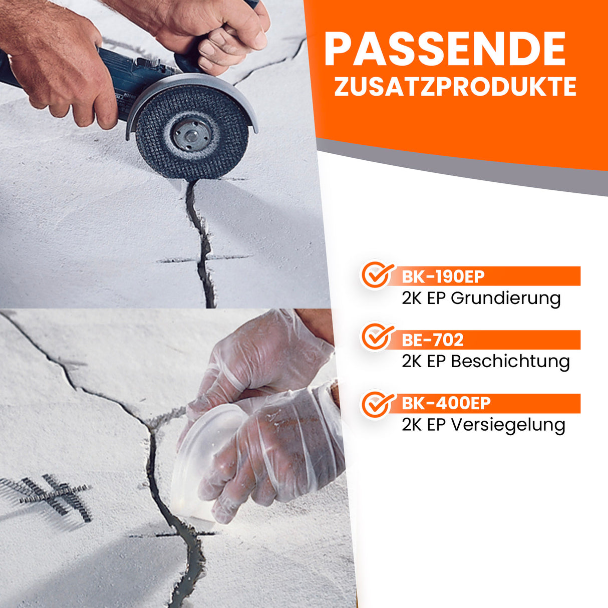 Person repariert Riss im Boden.