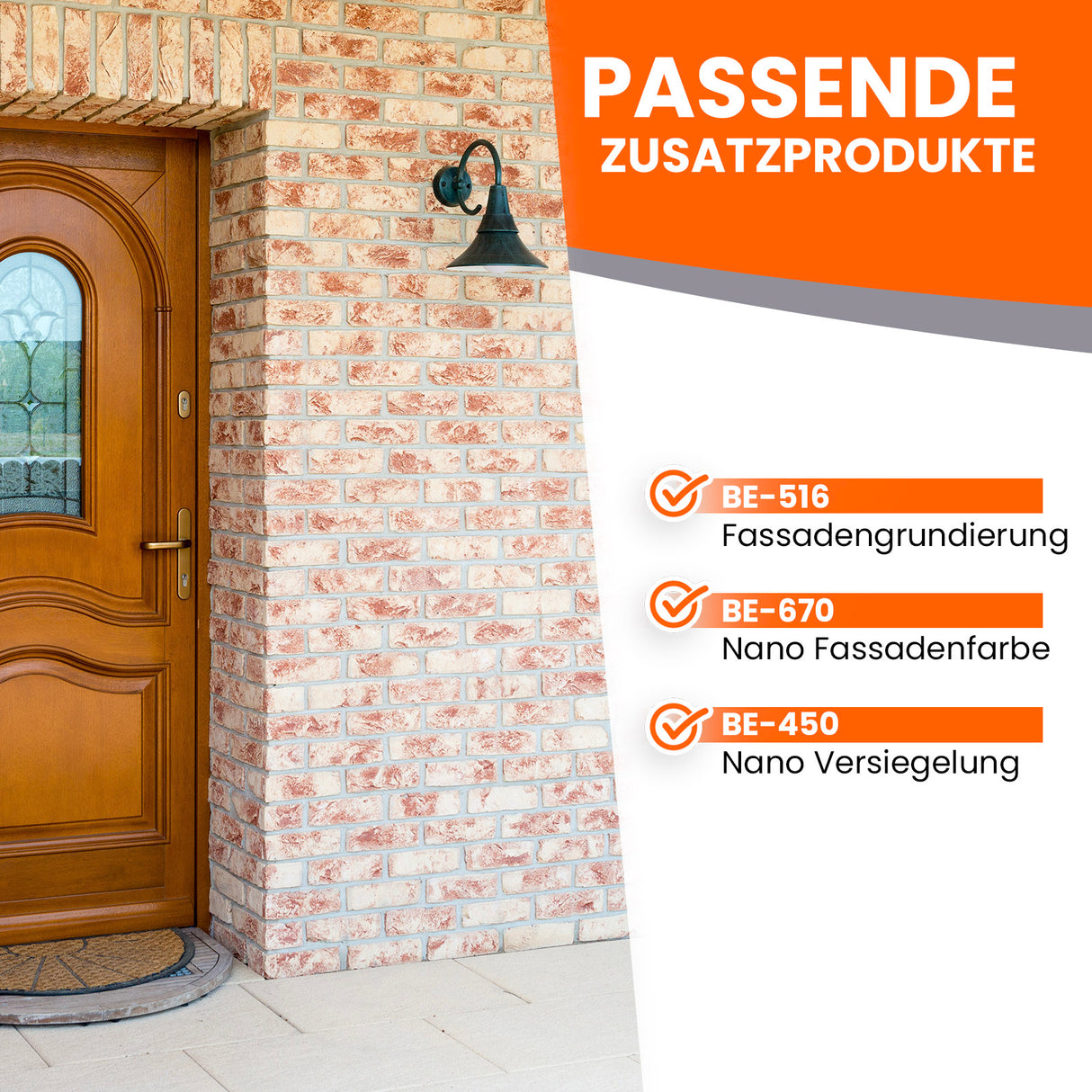 Hausfassade mit Produktinformationen.