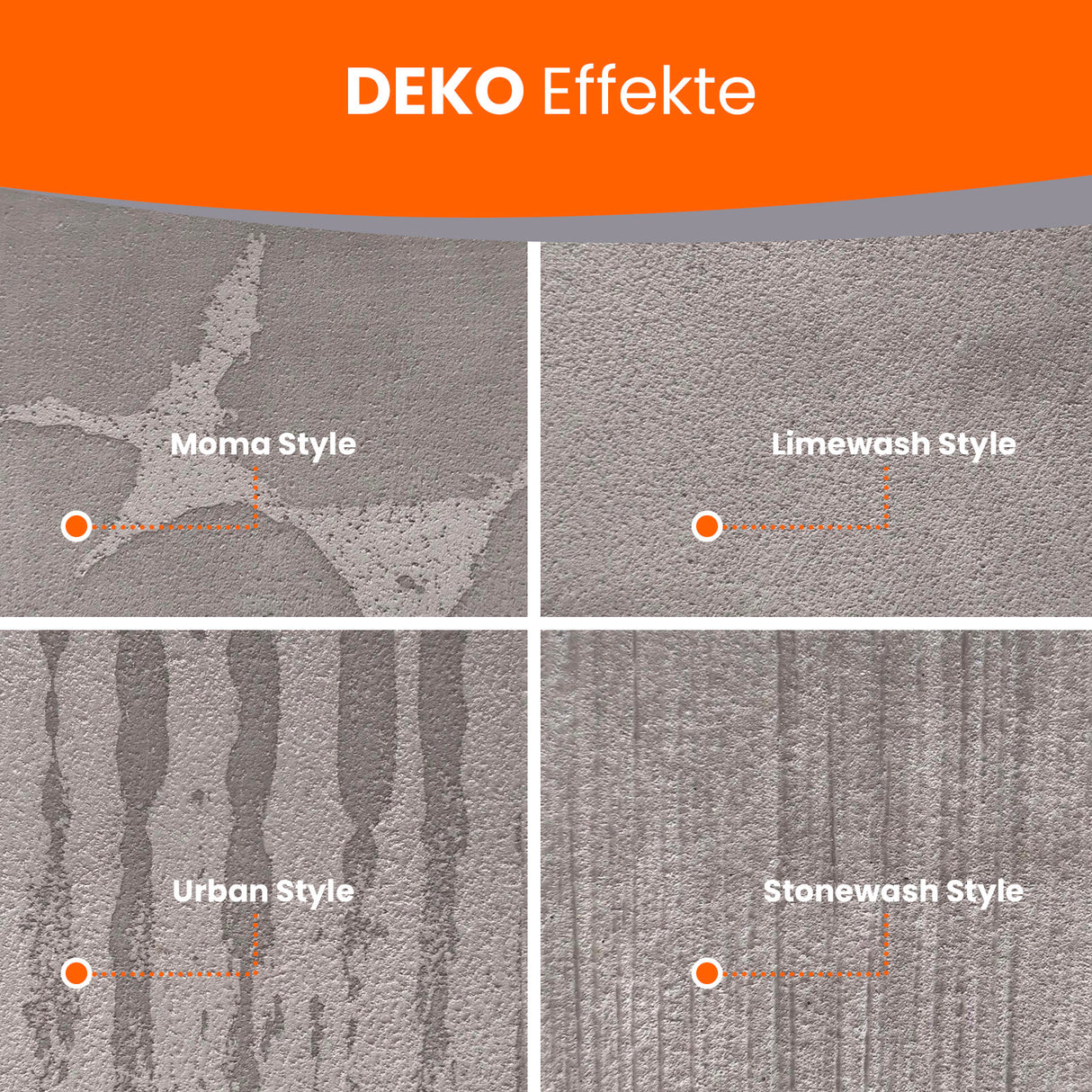 Vier Wandstile: Moma, Limewash, Urban, Stonewash.