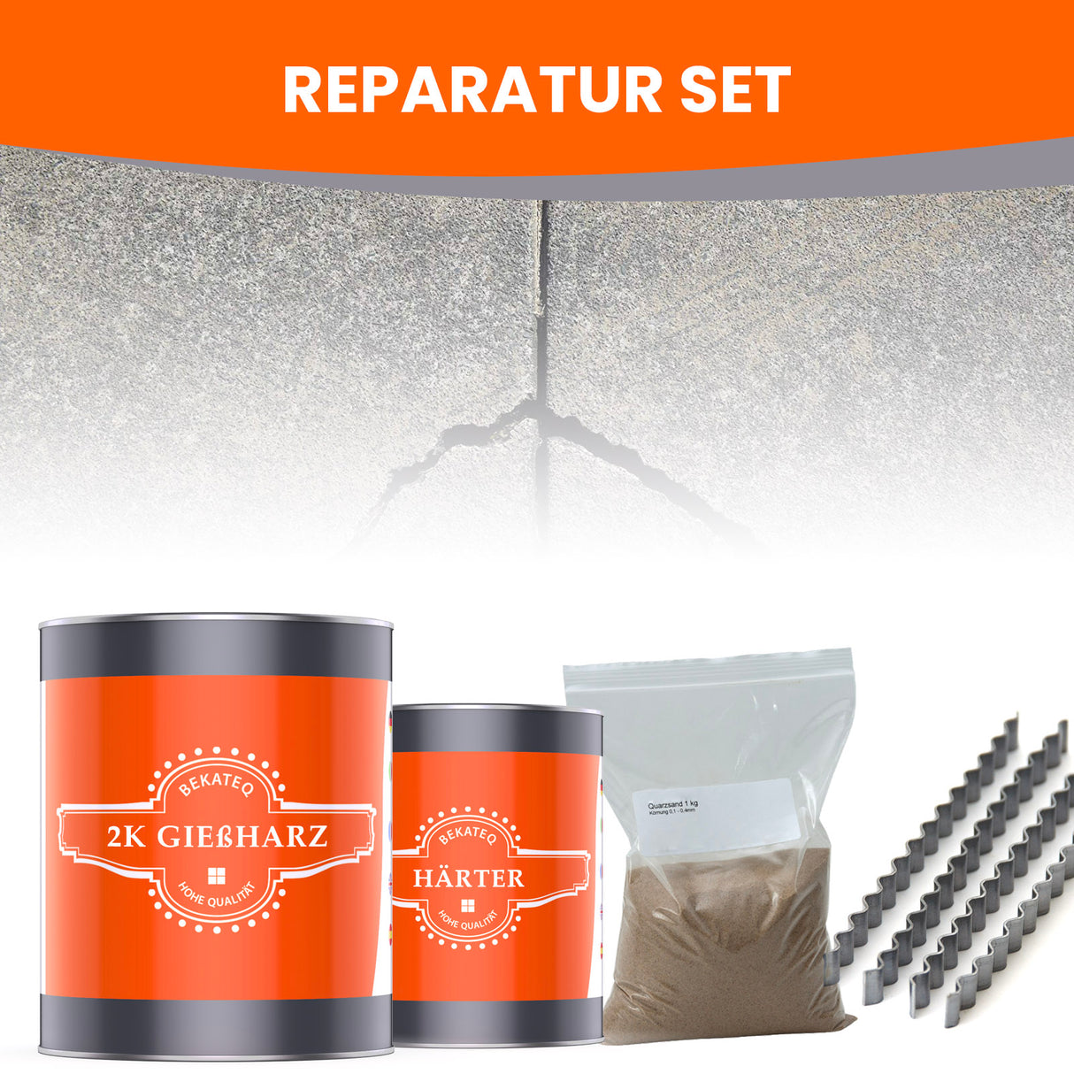 Reparaturset mit Gießharz und Härter.