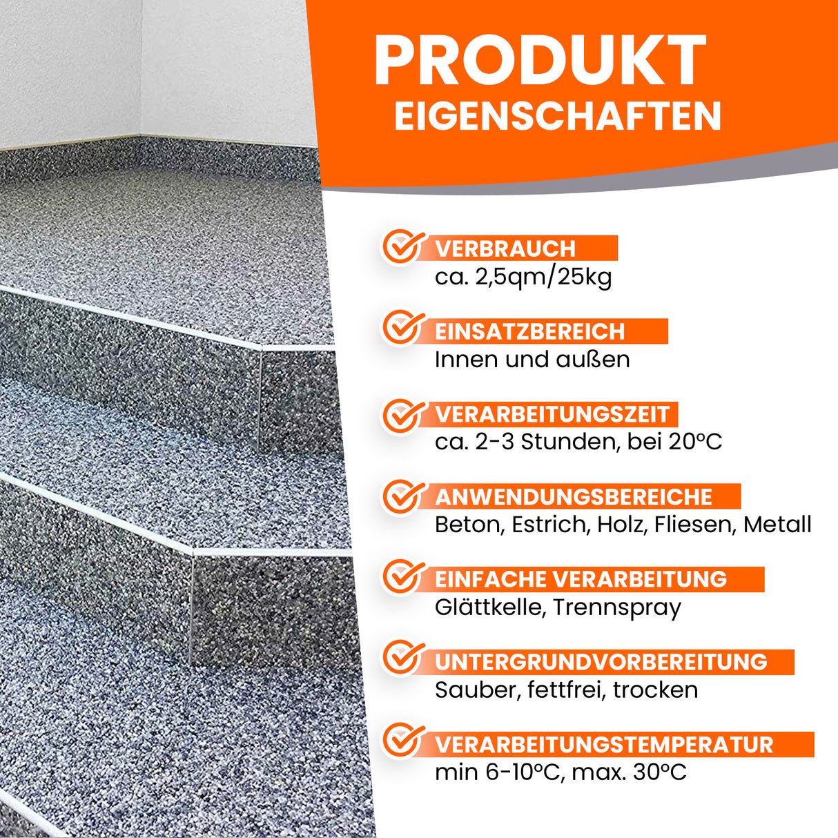 Treppenstufen mit Produktinformationen.