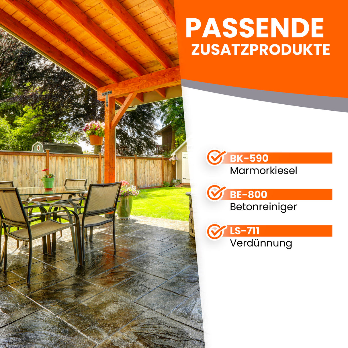 Terrasse mit Gartenmöbeln und Text.