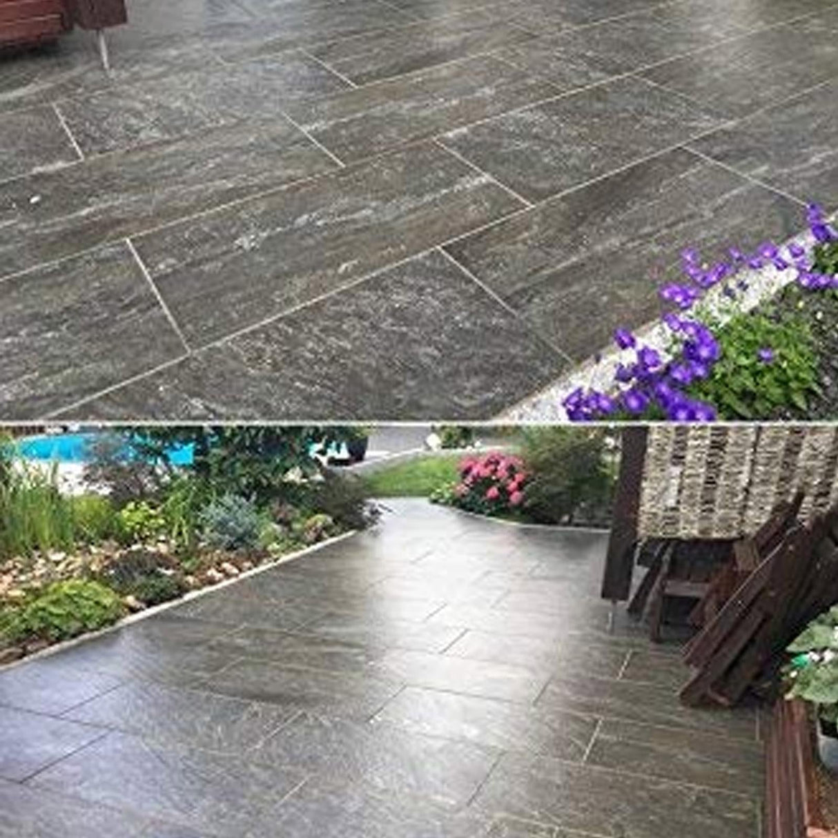 Gepflasterte Terrasse mit Blumenbeeten.