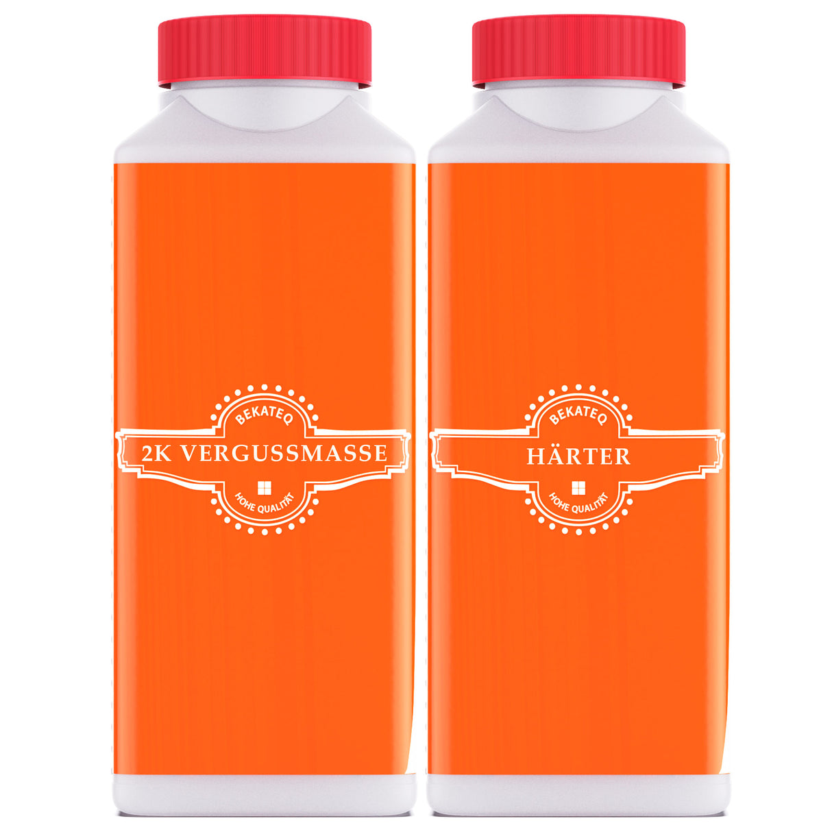 Zwei orangefarbene Flaschen mit Etiketten.