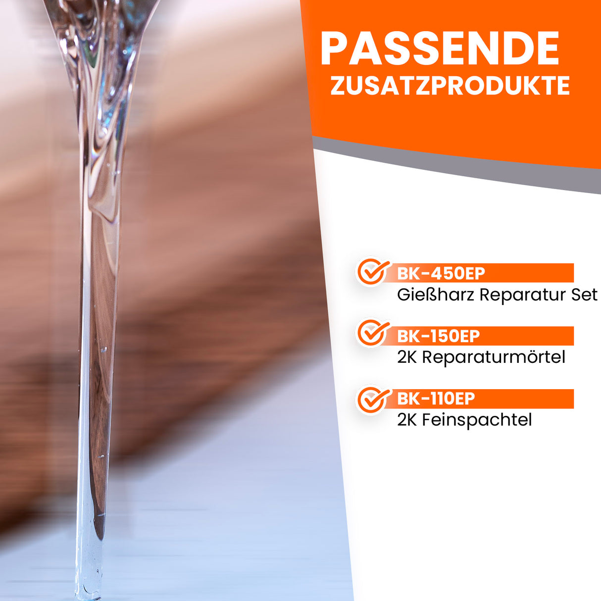 Gießharz fließt, daneben Liste passender Zusatzprodukte von BK.