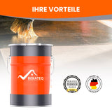 Farbeimer, Pinsel, Holzoberfläche, Logos, Text.