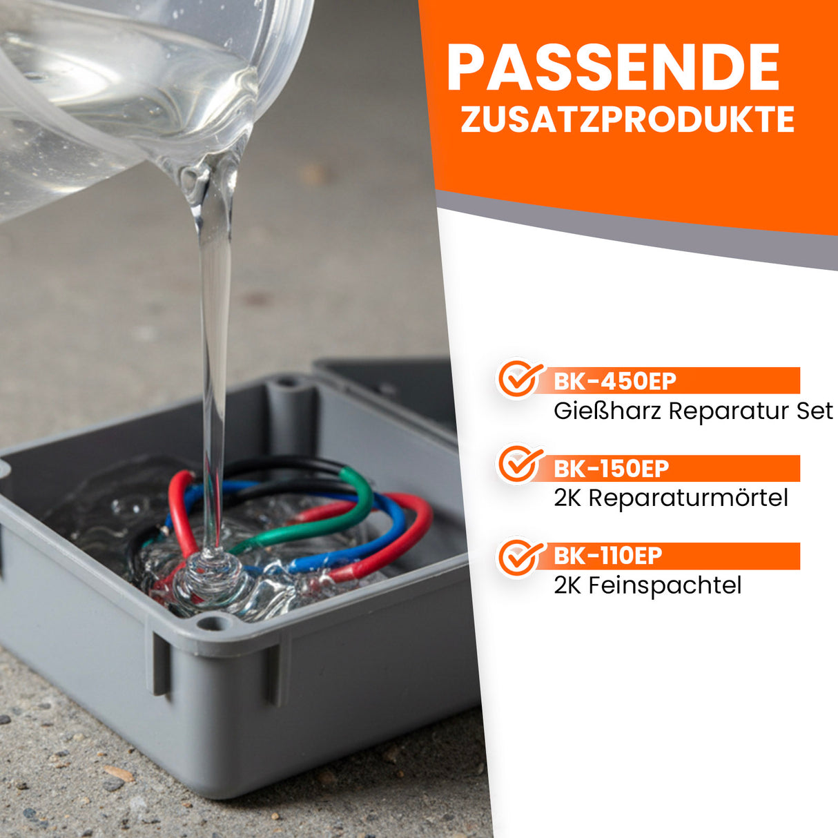 Gießharz fließt, daneben Liste passender Zusatzprodukte von BK.