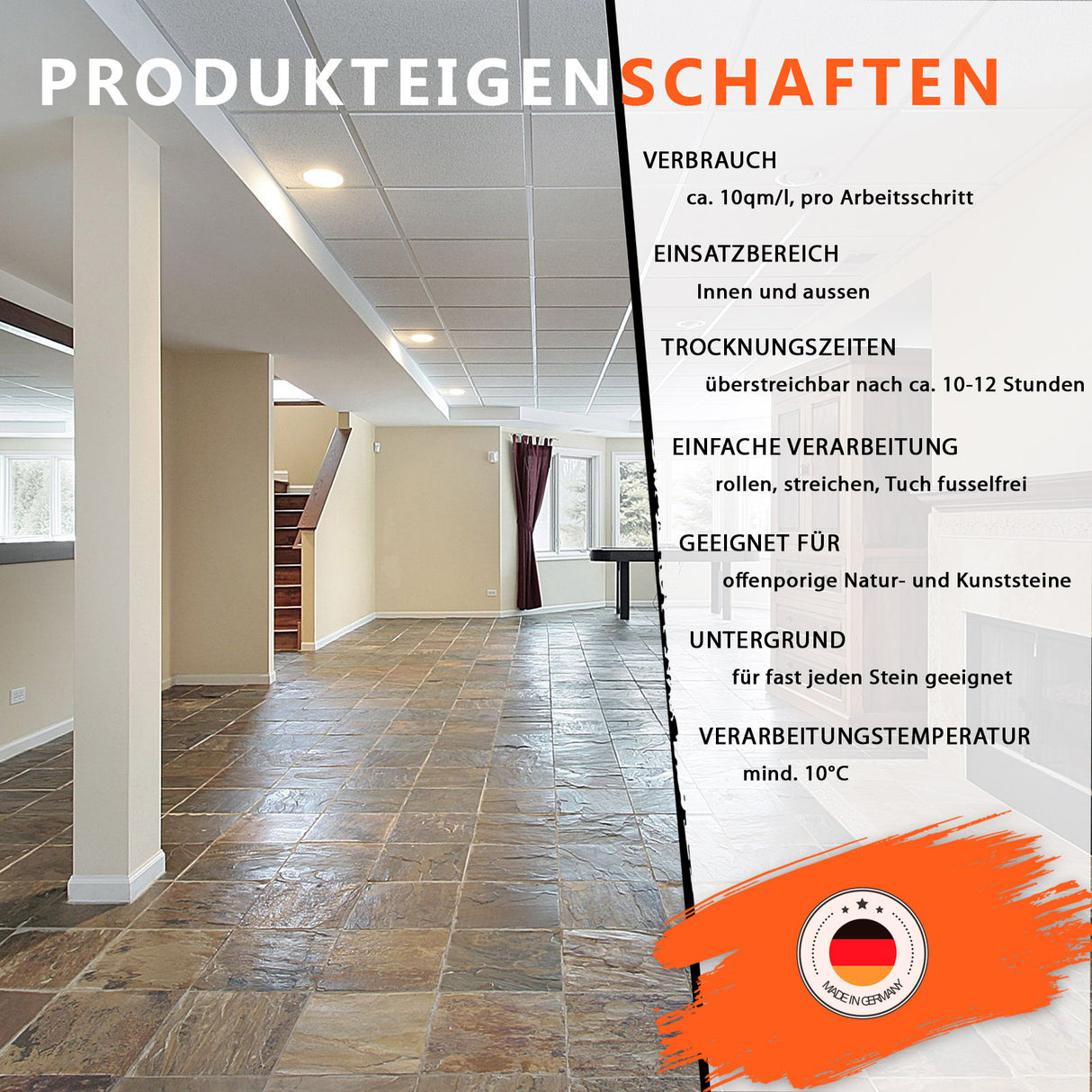 Raum mit Produkteigenschaften-Text.