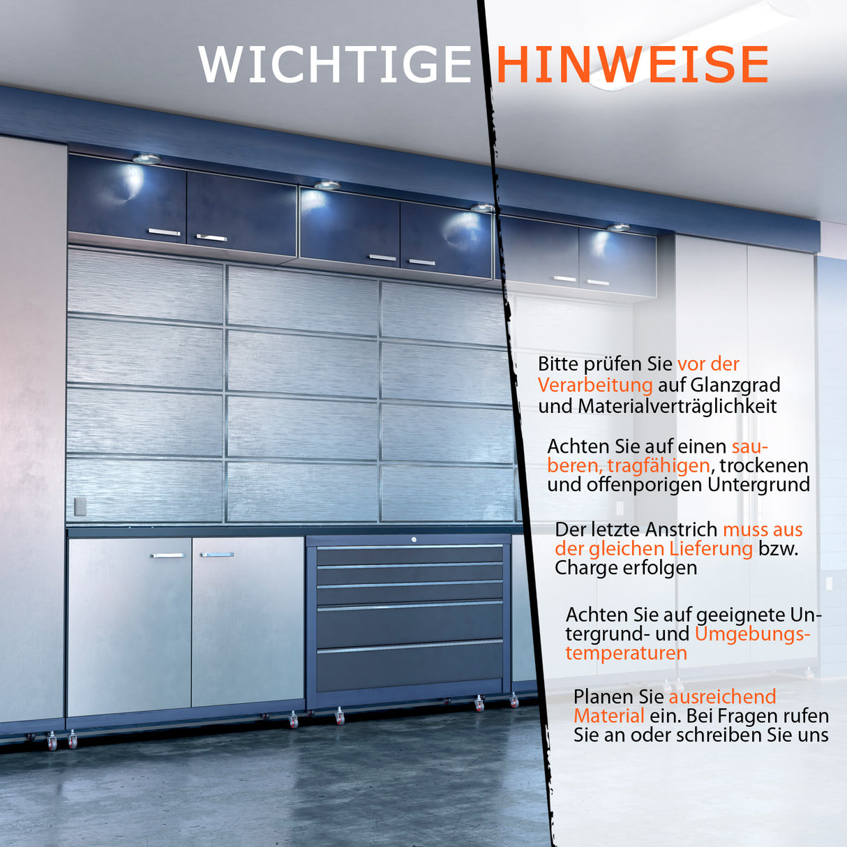 Küchenschränke mit Verarbeitungshinweisen-Text.