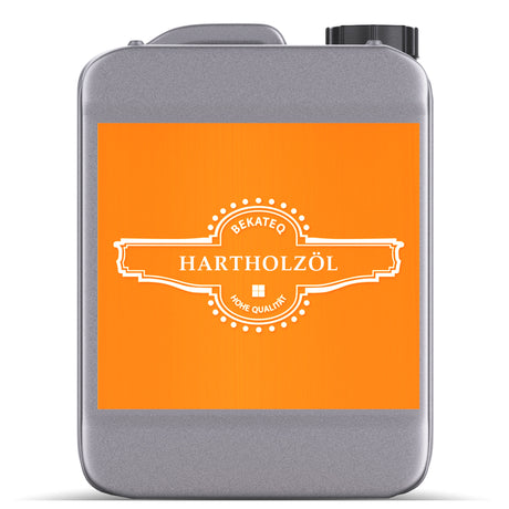 Kanister mit Hartholzöl-Etikett.