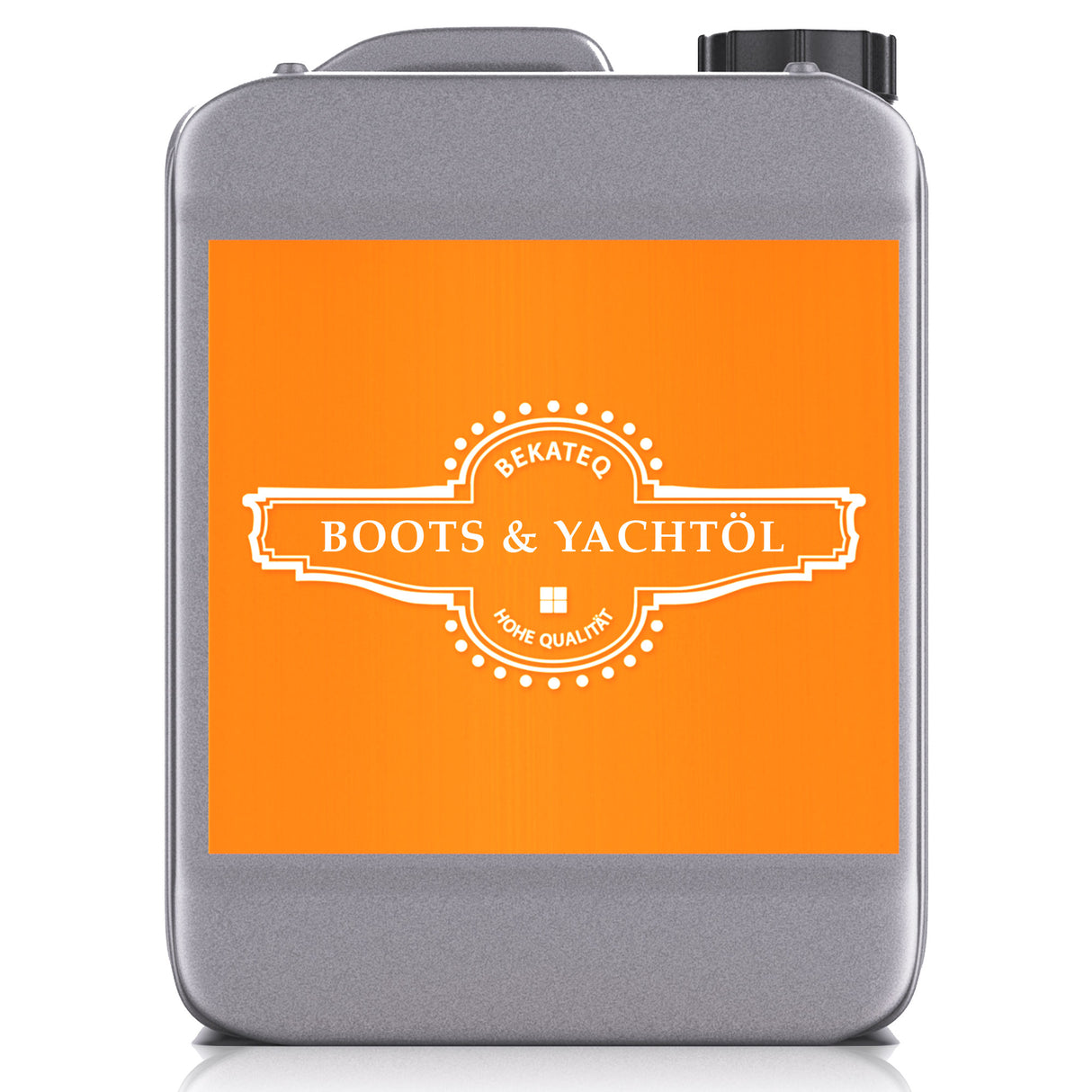 Kanister mit Bekateq Boots- und Yachtöl, orange Etikett.