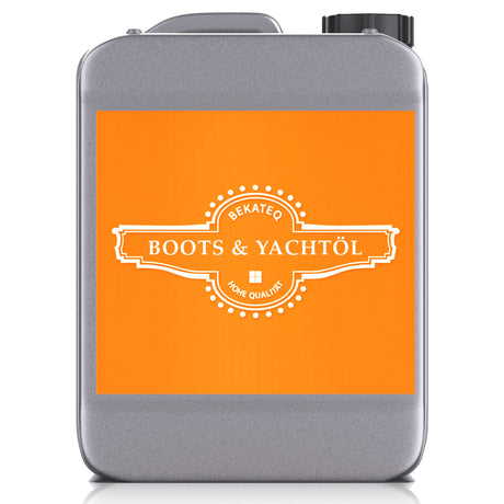 Kanister mit Bekateq Boots- und Yachtöl, orange Etikett.