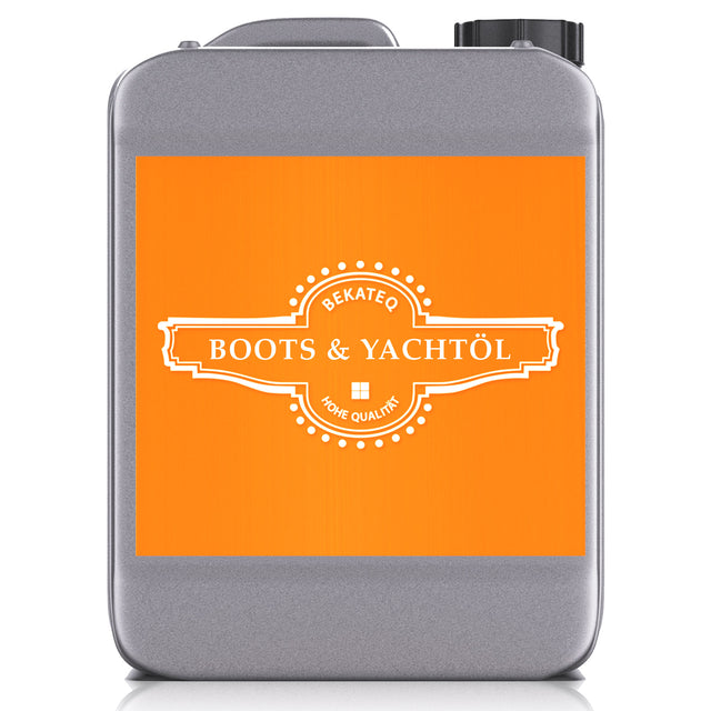 Kanister mit Bekateq Boots- und Yachtöl, orange Etikett.