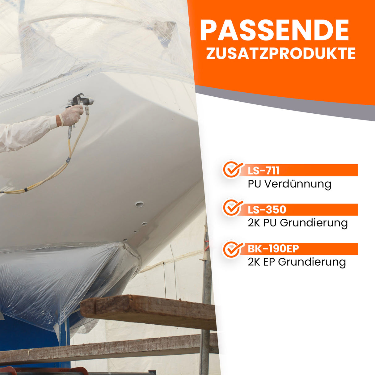 Mann lackiert Boot mit Sprühpistole.