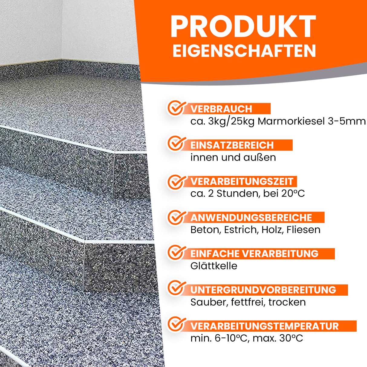 Treppen mit Marmorkiesel-Beschichtung und Text.