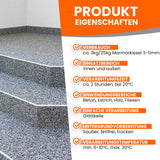 Treppen mit Marmorkiesel-Beschichtung und Text.