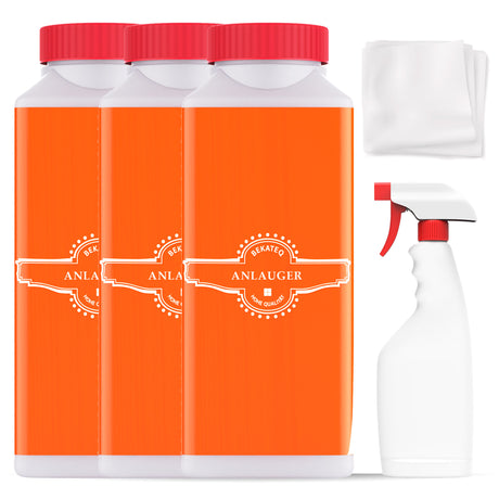 Drei Anlauger-Flaschen, Sprühflasche, Tücher.
