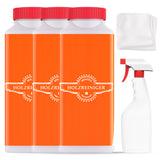 Drei Holzreinigerflaschen und Sprühflasche.