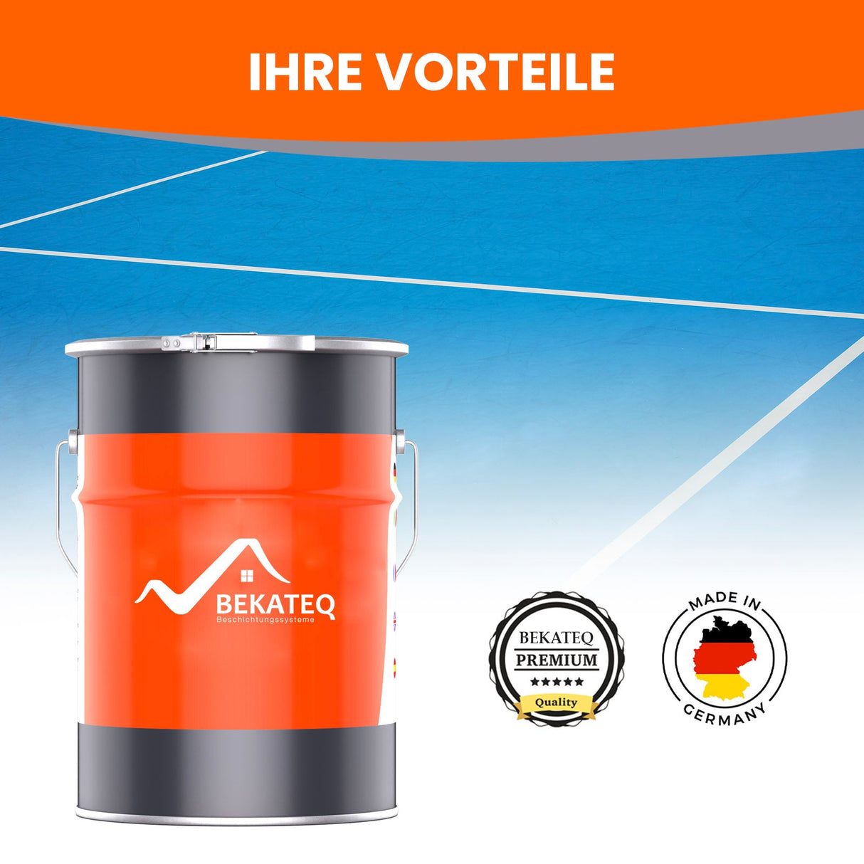 Malerbedarf: Bekateq Eimer vor blauem Hintergrund, Qualitätssiegel sichtbar.