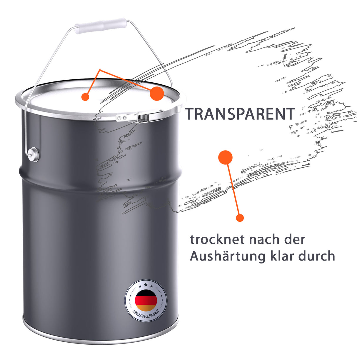 Farbeimer mit transparentem Lack.
