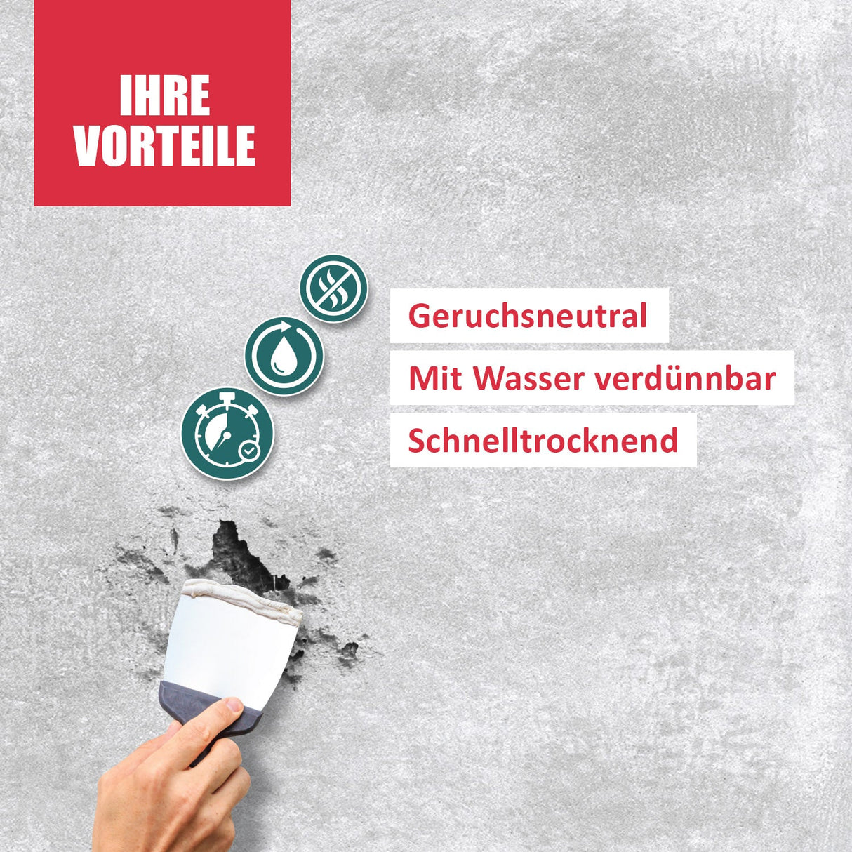 Spachtel, Wand, Symbole, Text, Vorteile.