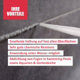 Nahaufnahme einer Dichtstoffanwendung auf einer Fuge mit Text.