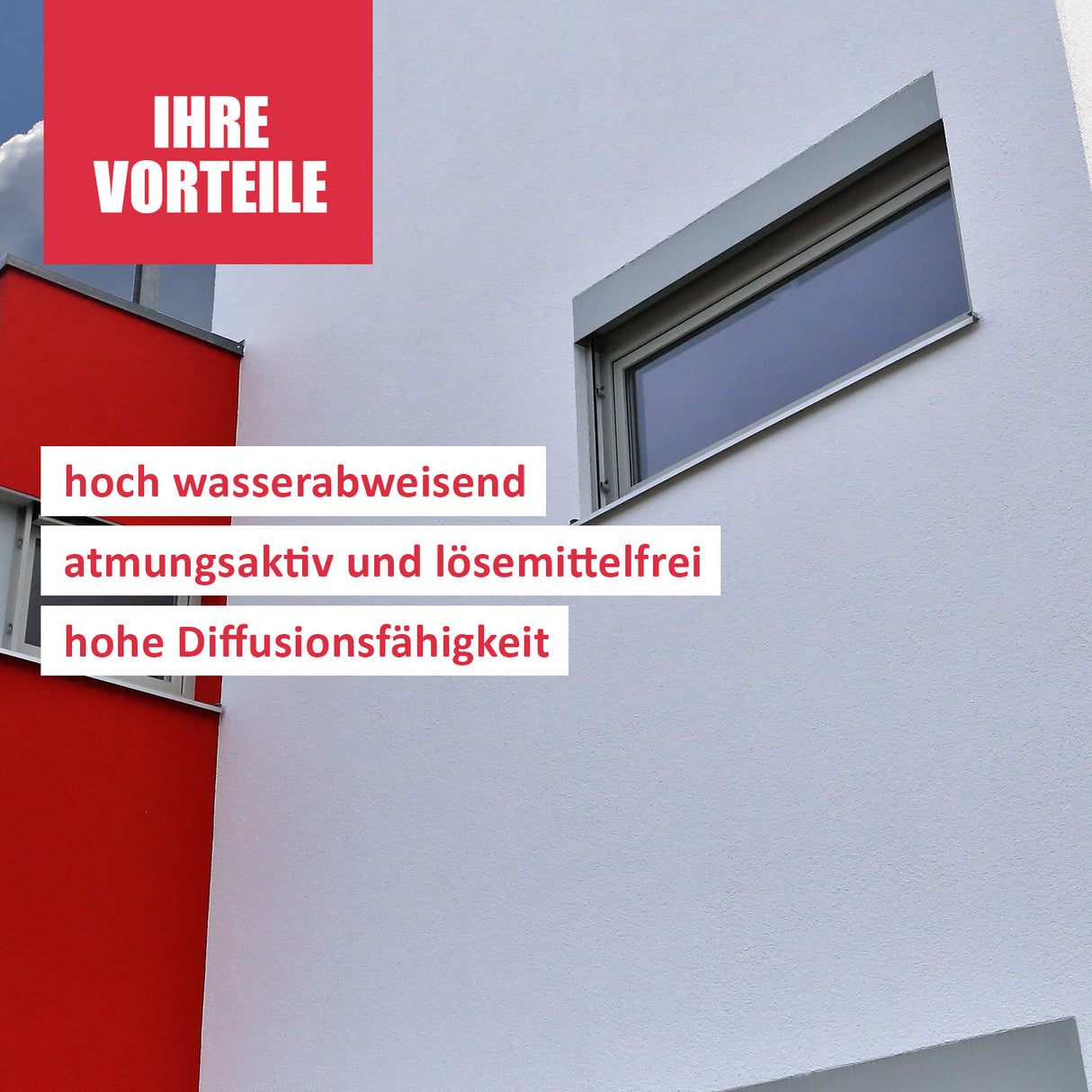 Moderne Fassade mit Vorteilen-Text.