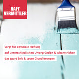 Pinsel streicht türkisfarbene Holzoberfläche.