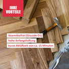 Parkettboden, Hammer, Text über Vorteile.