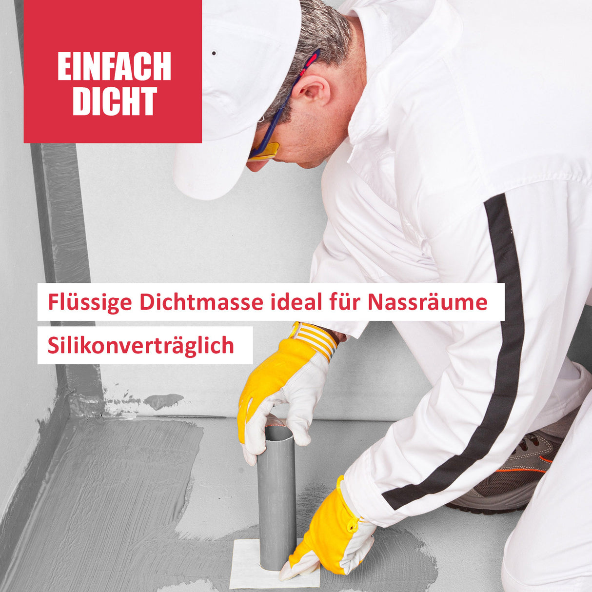 Person trägt Dichtmasse auf Boden auf.