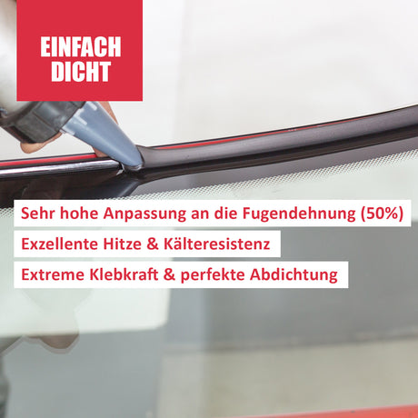 Person verwendet Dichtmittel auf Glasoberfläche, Text: "Einfach Dicht".