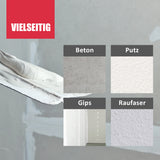 Vielseitige Oberflächen: Beton, Putz, Gips.
