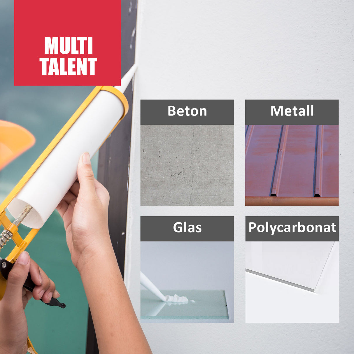 Person verwendet Kartuschenpistole, geeignet für verschiedene Materialien.