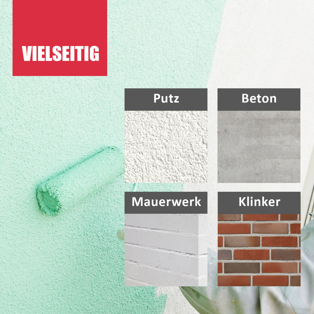 Farbrolle, Putz, Beton, Mauerwerk, Klinker.