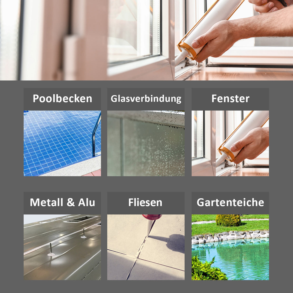 Verschiedene Anwendungen von Dichtstoff auf verschiedenen Oberflächen.