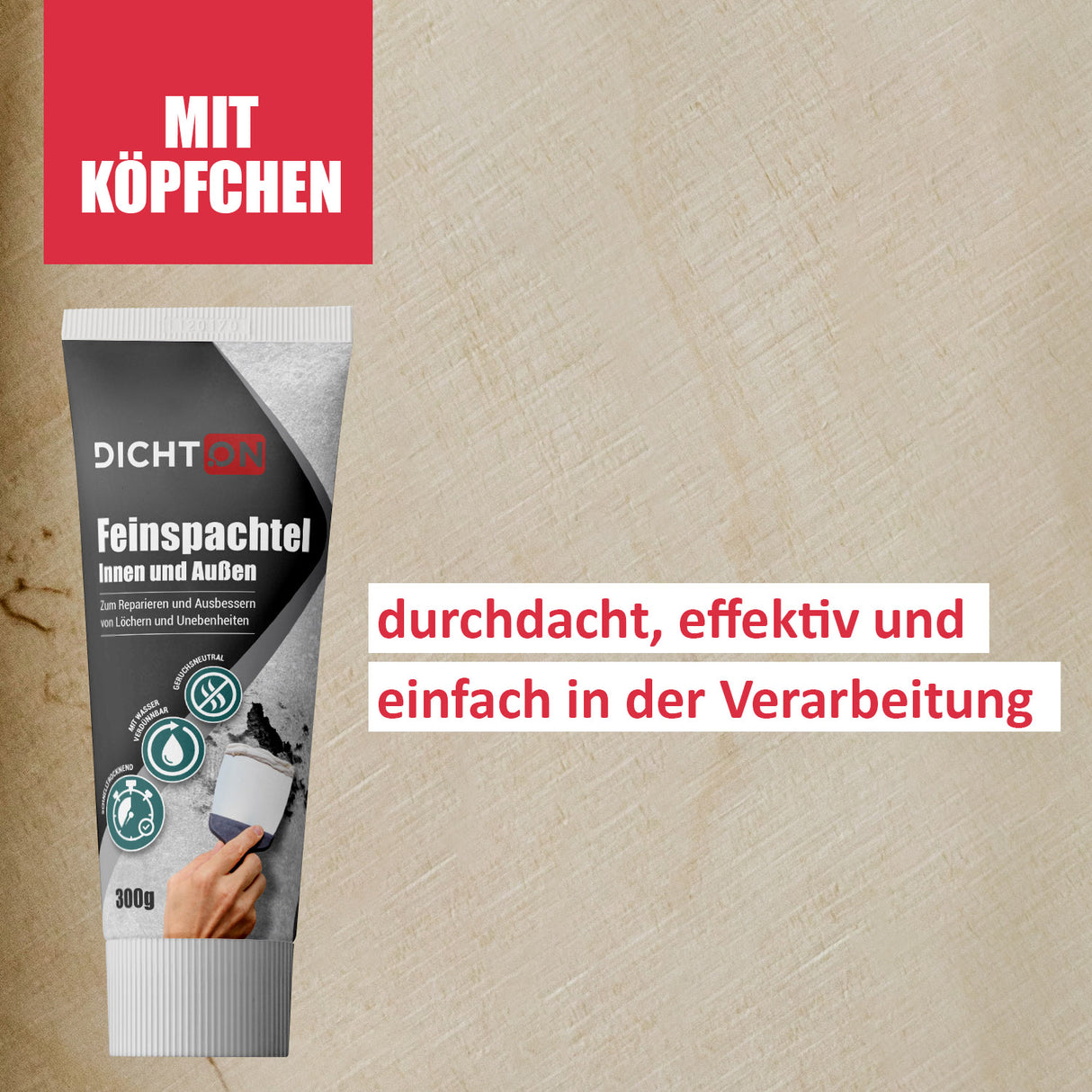 Feinspachtel-Tube mit Werbetext.