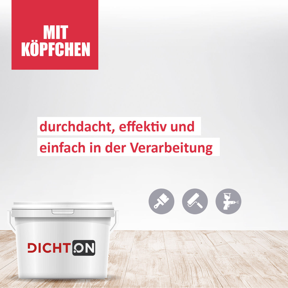 Eimer mit Text und Symbolen.