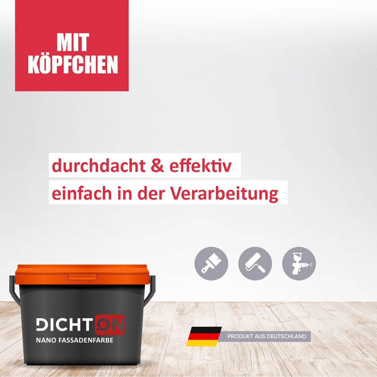 Eimer mit Fassadenfarbe und Icons.