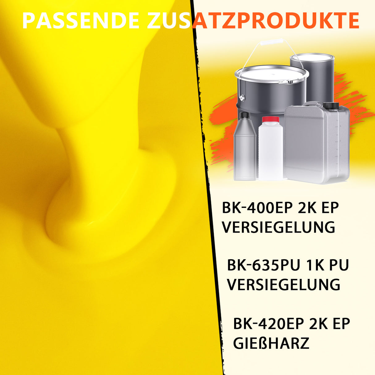Gelbe Flüssigkeit, Produkte, Text, Zusatzprodukte.