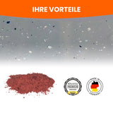 Farbchips, rotes Pulver, Qualitätssiegel.