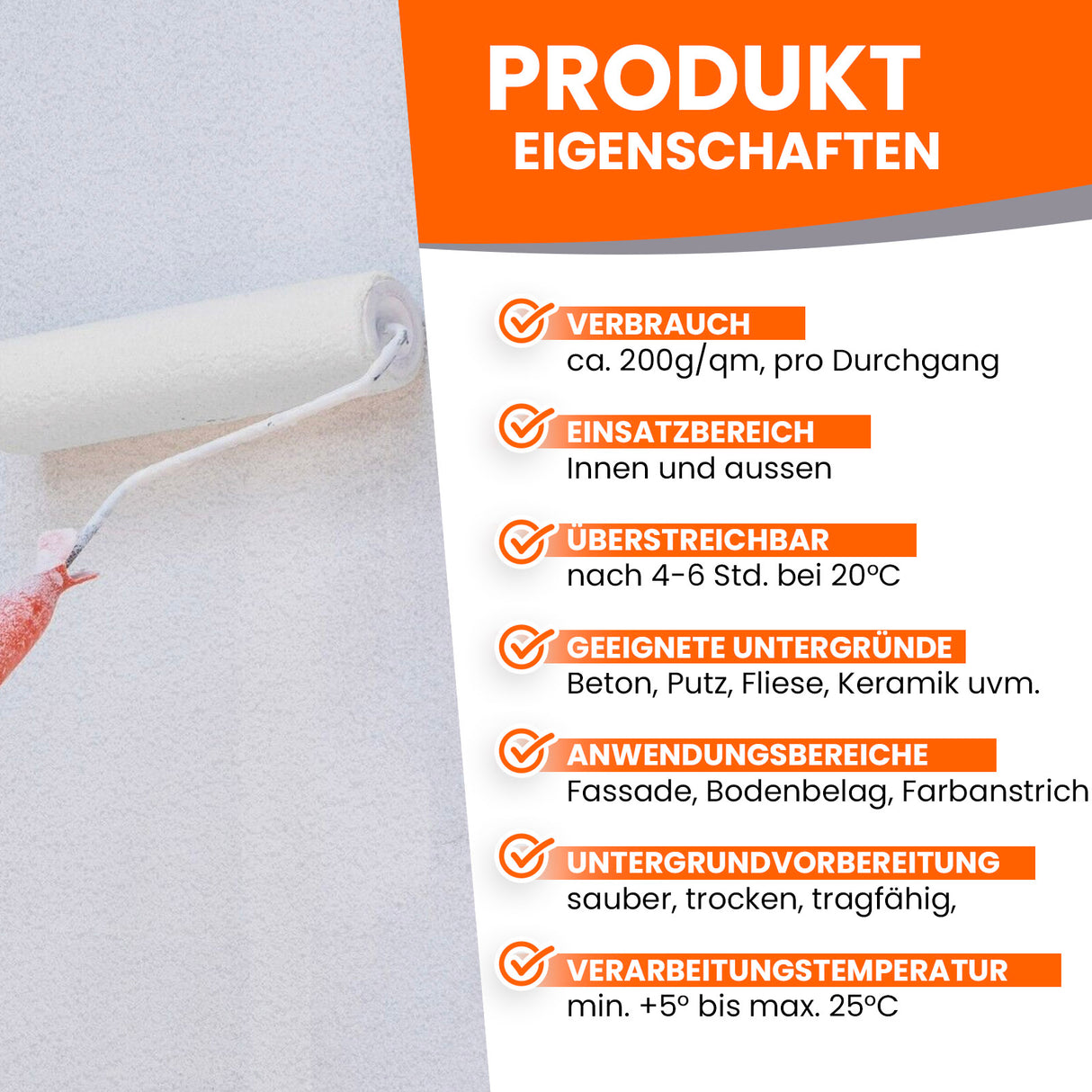 Malerrolle streicht Wand, daneben Produktinformationen und Eigenschaften.