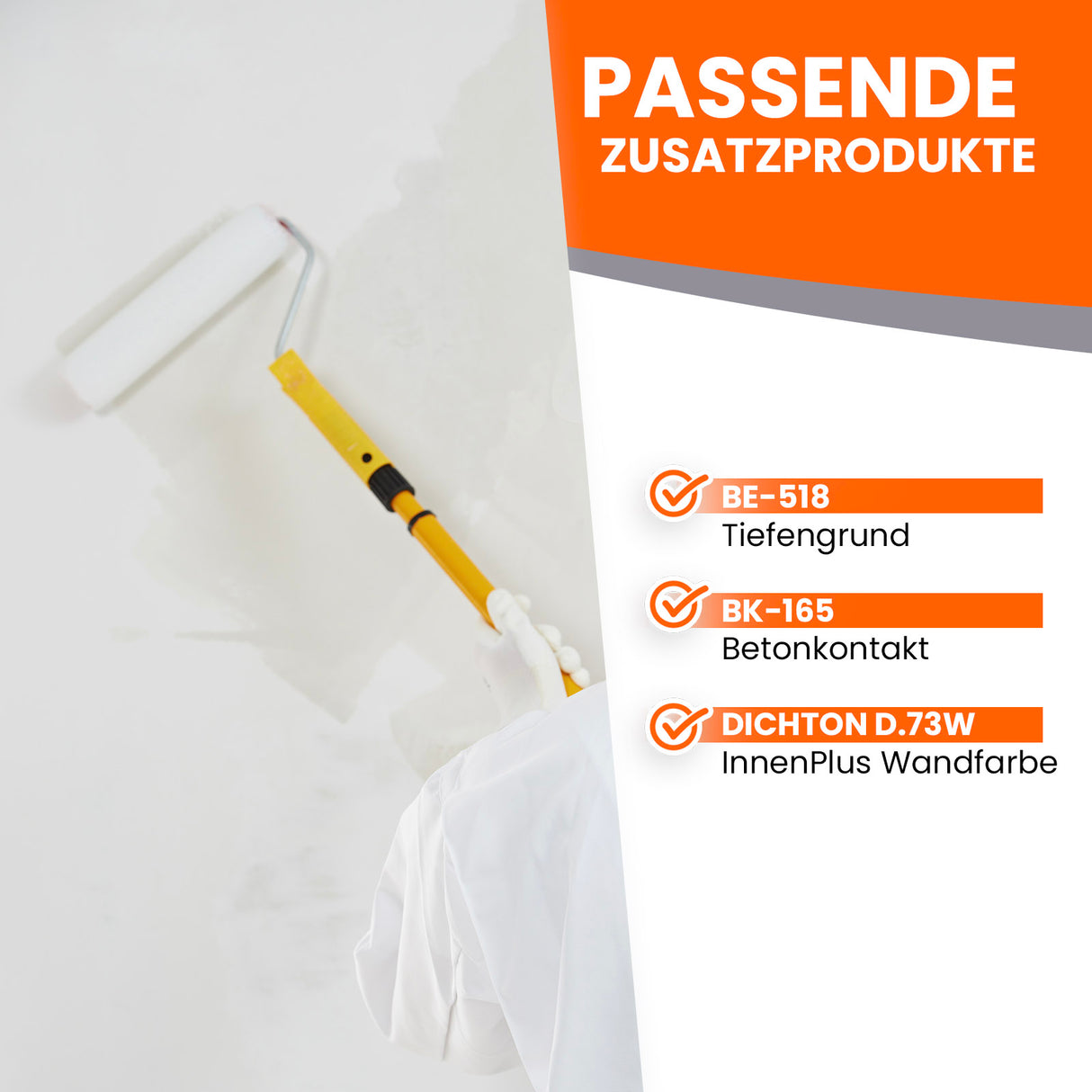 Maler streicht Wand mit Farbroller, passende Zusatzprodukte aufgelistet.