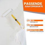 Maler streicht Wand mit Farbroller, passende Zusatzprodukte aufgelistet.