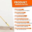 Malerrolle auf Boden mit Produktinformationen und Eigenschaften.