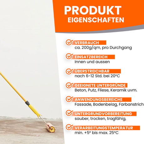 Malerrolle auf Boden mit Produktinformationen und Eigenschaften.
