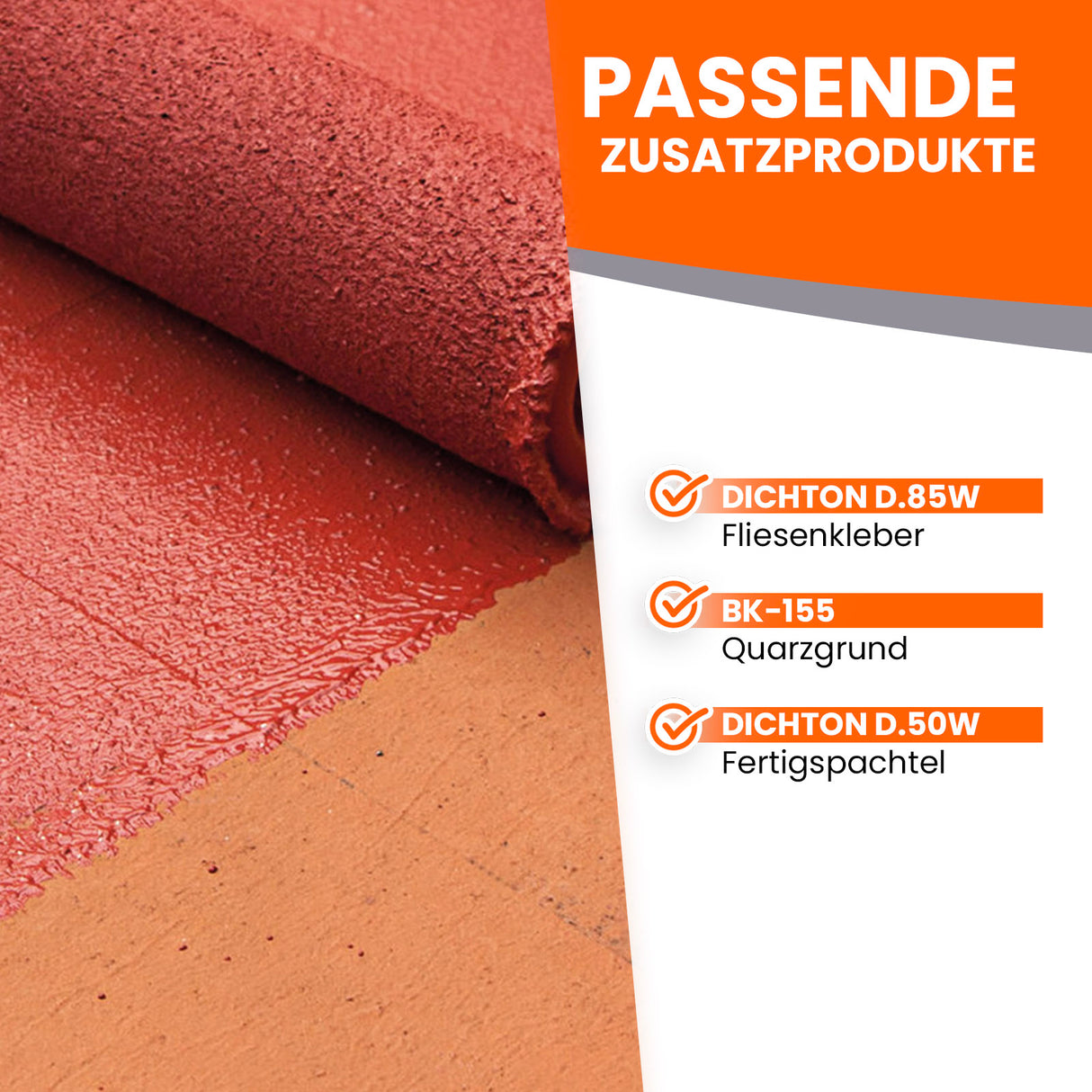 Rote Beschichtung auf Oberfläche, passende Zusatzprodukte aufgelistet.