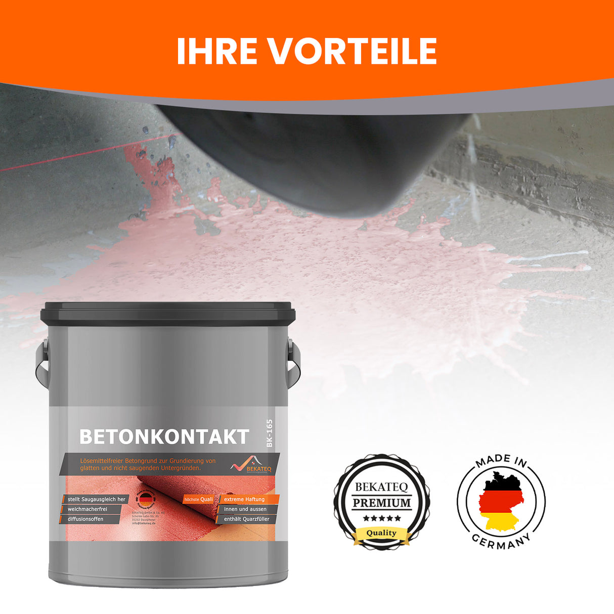 Eimer Betonkontakt, Pinsel, Bekateq-Logo, Made in Germany.