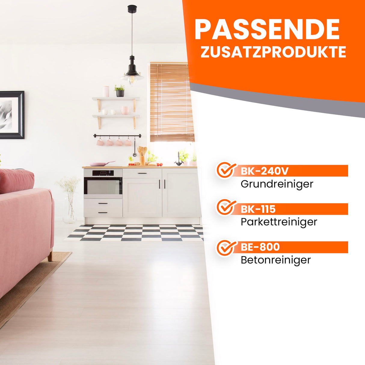 Wohnzimmer mit Reinigungsproduktliste.